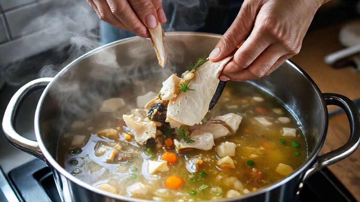 Mãos adicionando espinhas de peixe e vegetais a uma panela funda durante o preparo do caldo.