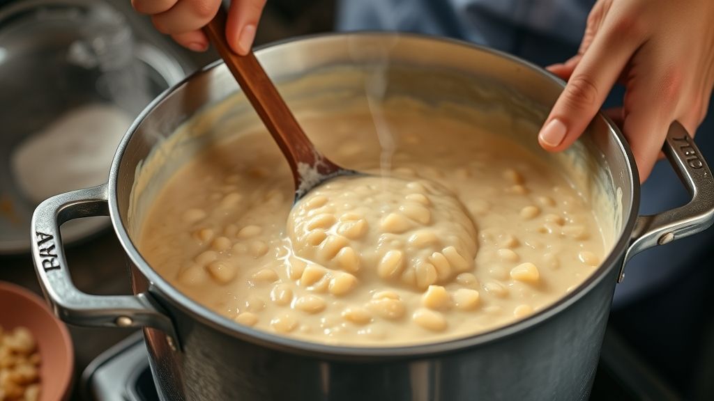 Mãos mexendo a panela com a canjica cremosa no fogo baixo, mostrando a textura cremosa sendo formada