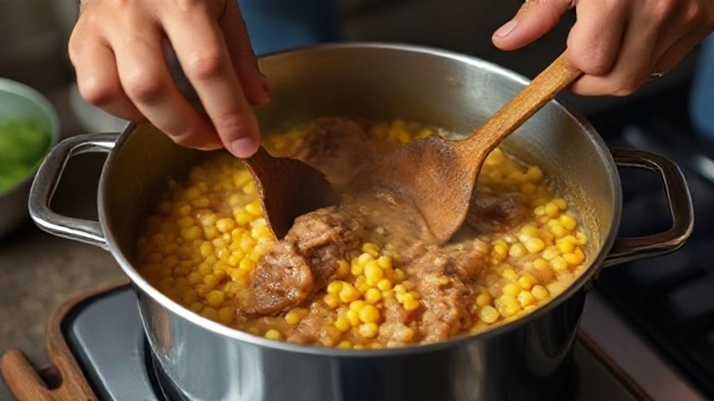 Mãos refogando cebola, alho e tomate em panela funda antes de adicionar a canjiquinha e as costelinhas.