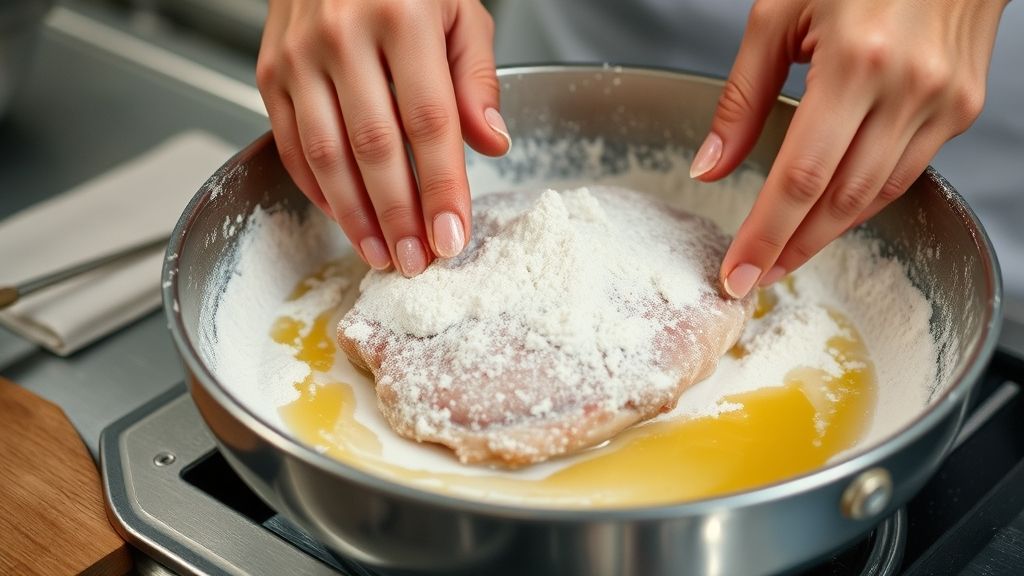 Mãos empanando o bife de porco, passando na farinha e ovos para criar a casquinha.