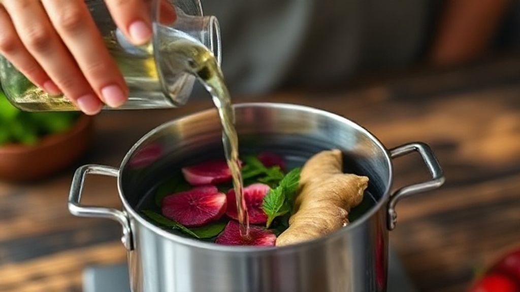 Mãos despejando água quente em bule com ervas e gengibre durante o preparo do chá detox