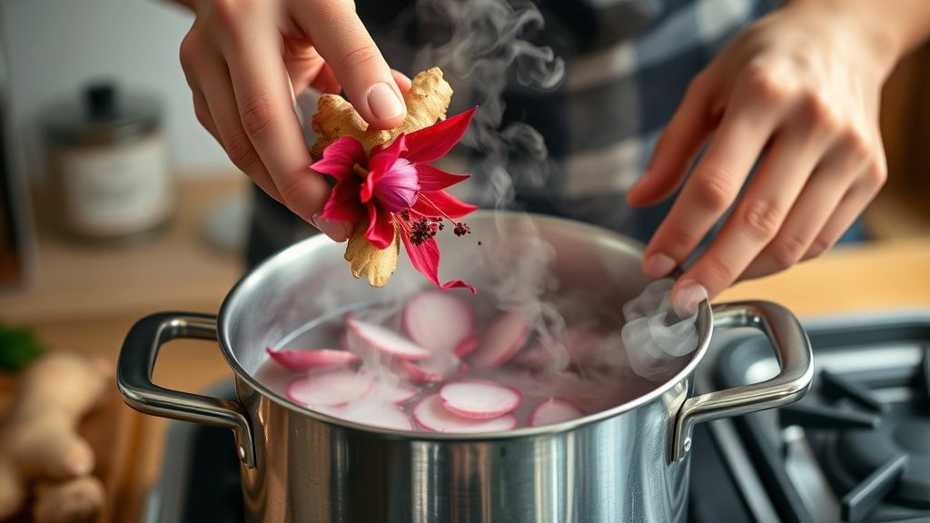 Mãos adicionando hibisco e gengibre em água quente para preparar o chá detox