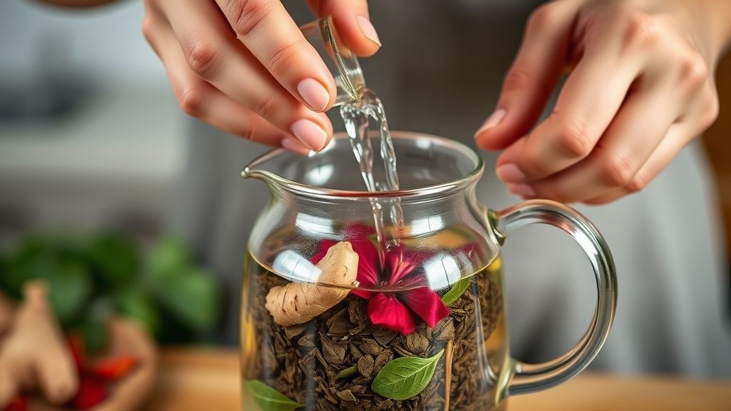 Mãos preparando o chá detox, despejando água quente sobre as ervas em bule de vidro