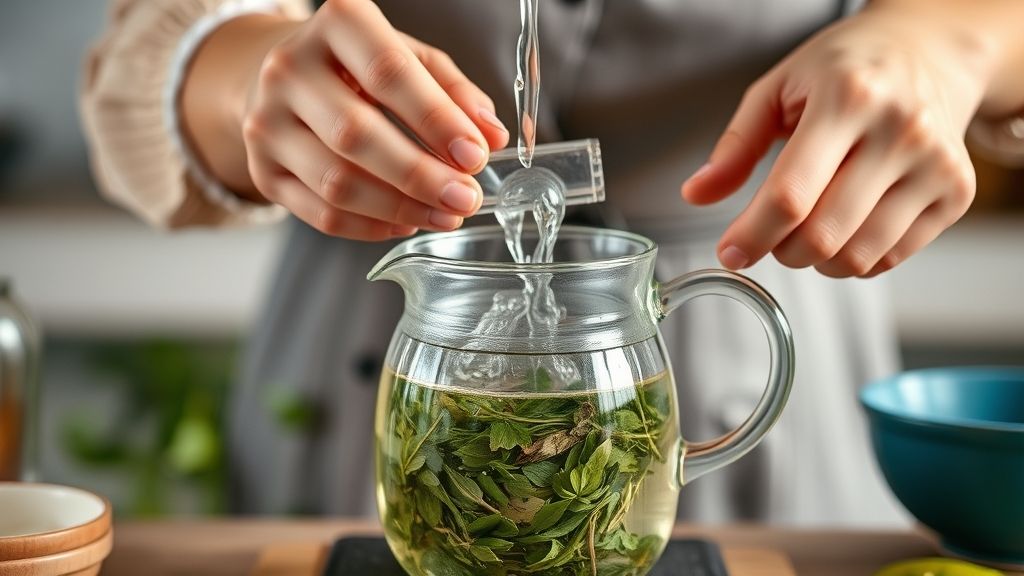 Mãos despejando água quente sobre as ervas em um bule de vidro transparente