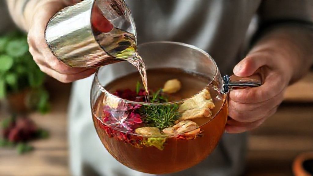 Mãos preparando a infusão do chá detox em chaleira de vidro