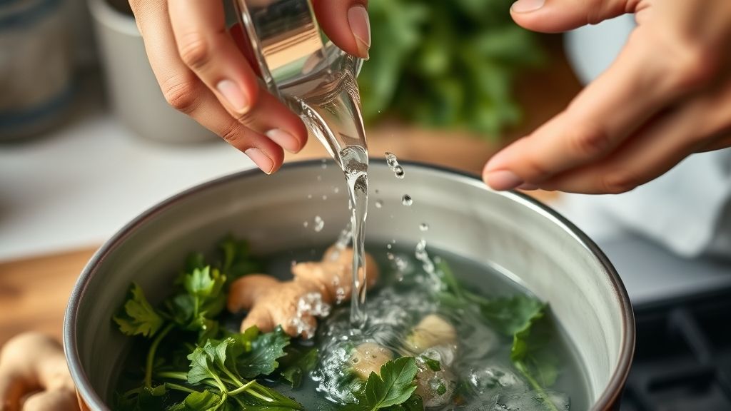 Mãos despejando água quente em bule com chá verde, gengibre e hibisco.