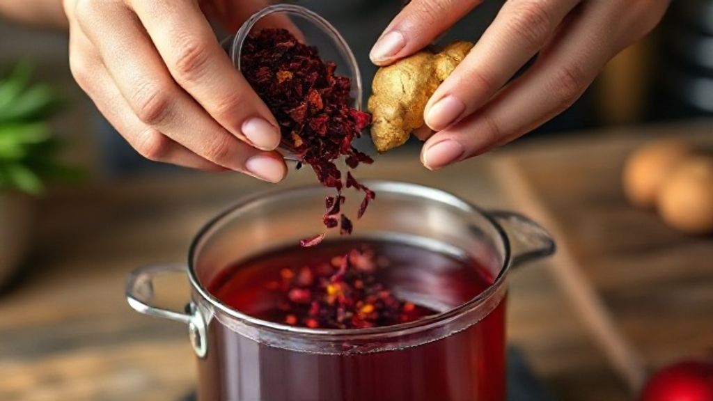 Mãos adicionando ervas e gengibre em bule antes da infusão.
