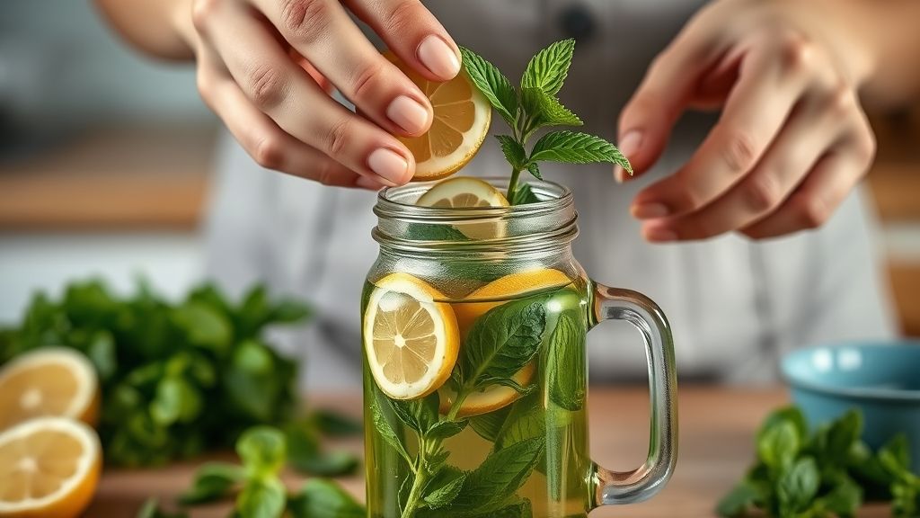 Mãos adicionando rodelas de limão e folhas de hortelã em uma jarra de chá recém-preparado
