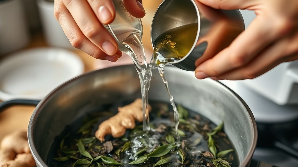 Mãos despejando água quente sobre chá verde e gengibre em uma jarra de vidro
