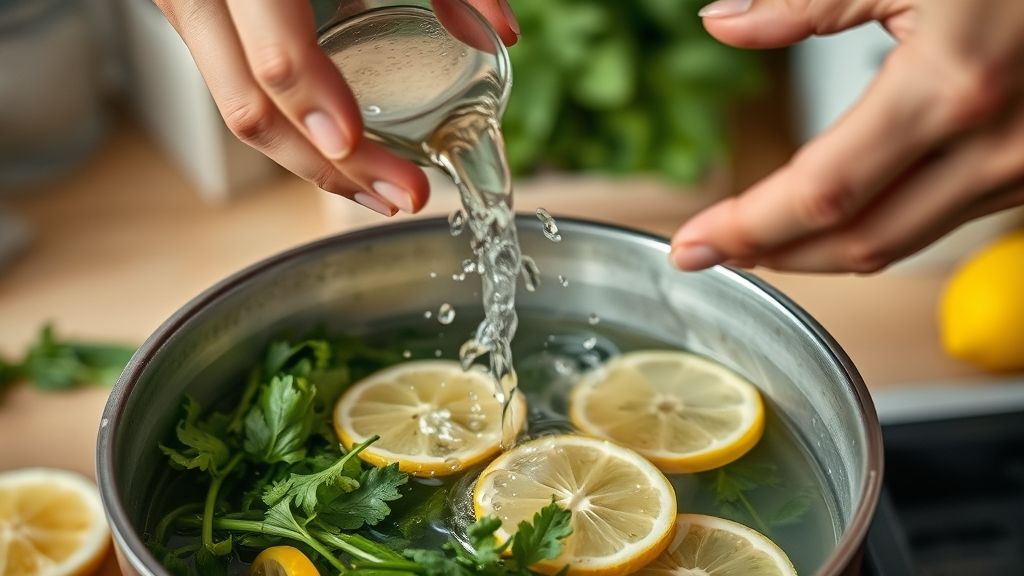 Mãos despejando a água quente sobre as ervas frescas e secas em uma chaleira de vidro transparente