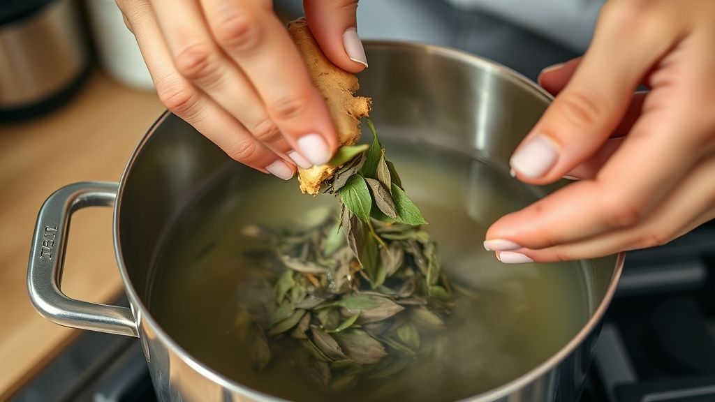Mãos colocando folhas de chá verde e gengibre fresco em panela com água quente durante o preparo
