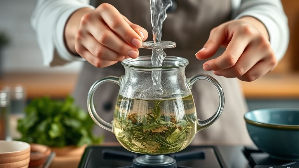 Mãos despejando água quente sobre as ervas em um bule de vidro transparente durante o preparo do chá