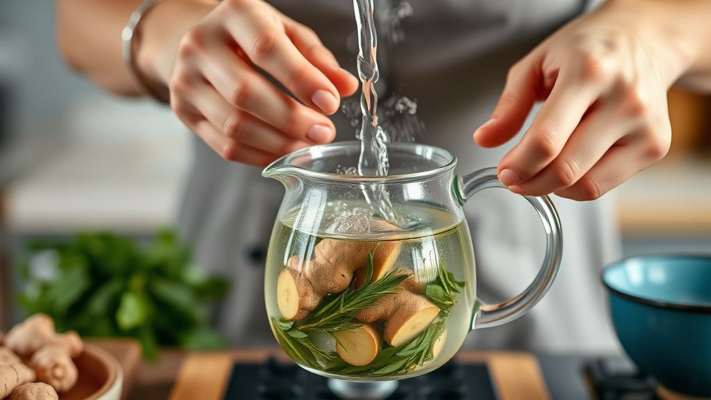 Mãos despejando água quente sobre as ervas e gengibre em um bule de vidro