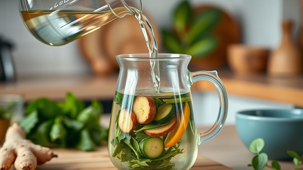 Pessoa despejando água quente sobre ervas e gengibre em uma chaleira de vidro