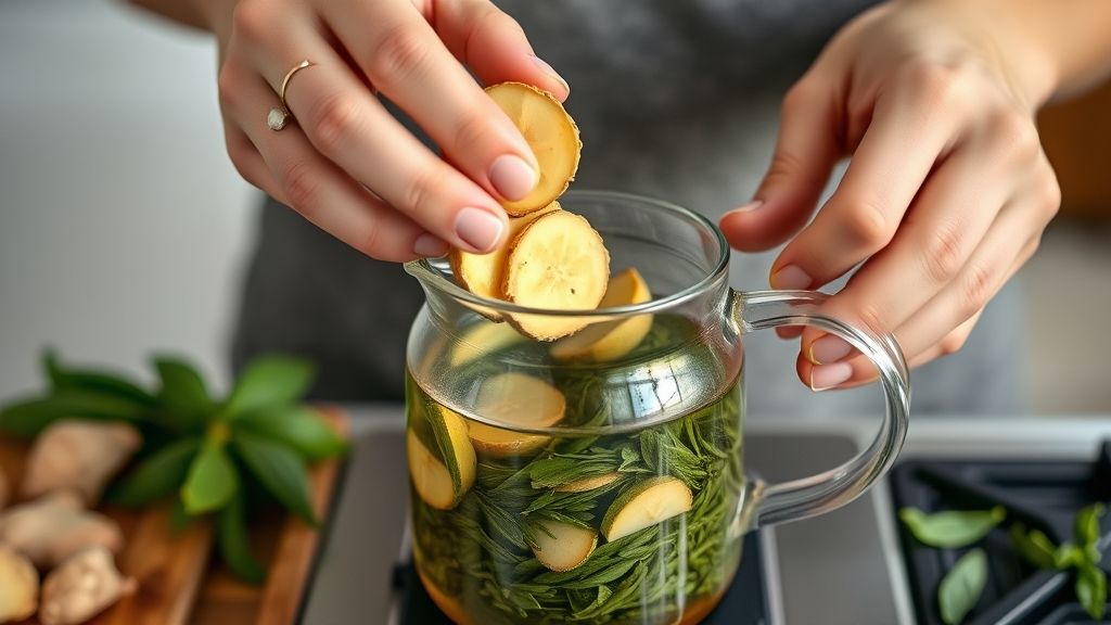 Mãos adicionando gengibre e chá verde em infusor dentro de um bule de vidro transparente.