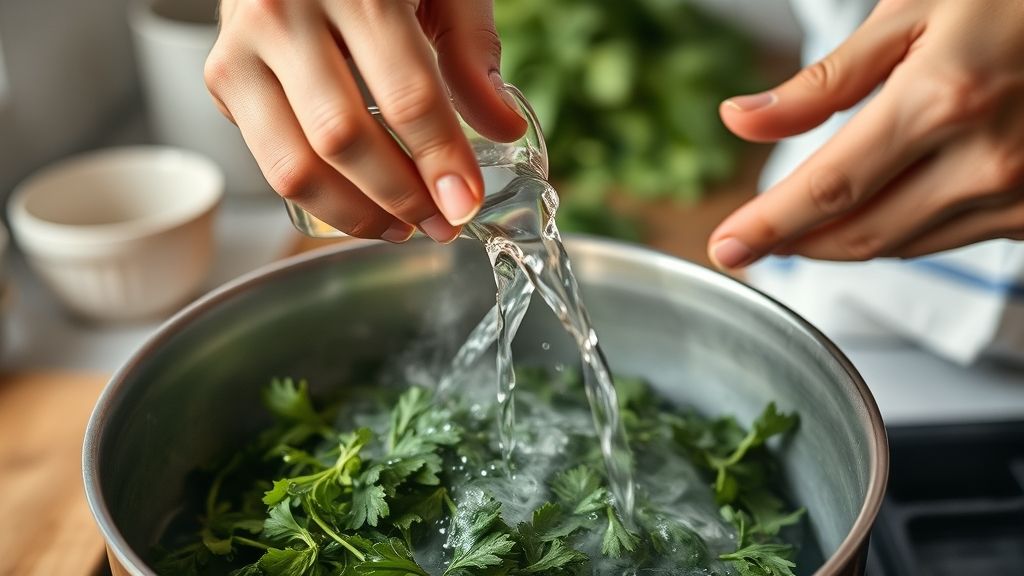 Mãos despejando água quente sobre as ervas em uma chaleira de vidro durante o preparo do chá detox.