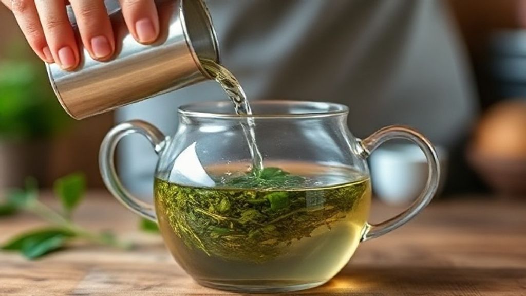 Mãos despejando água quente sobre folhas e especiarias em um bule de vidro durante a infusão.