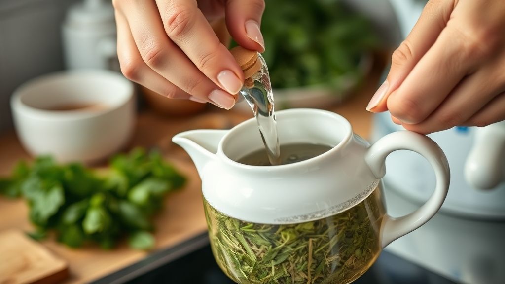 Mãos despejando água quente sobre as ervas em um bule de porcelana.