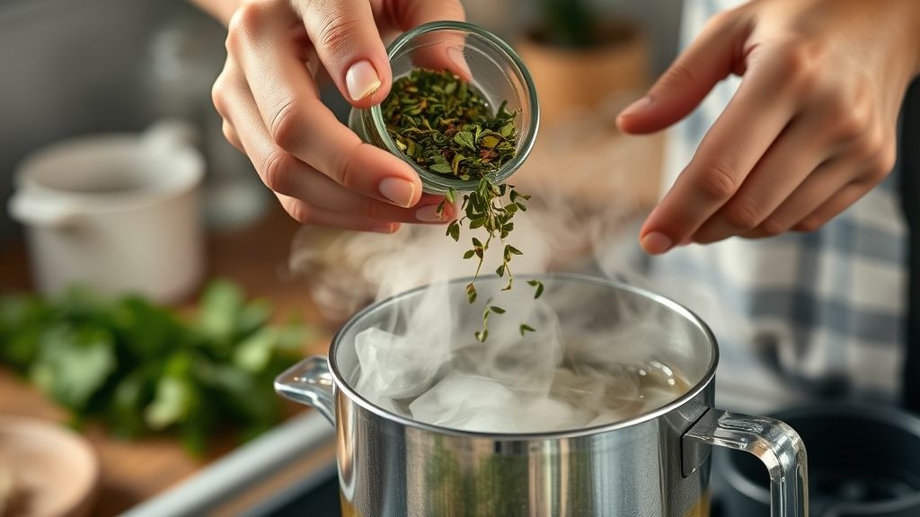Mãos adicionando folhas de chá verde e gengibre ao recipiente com água quente