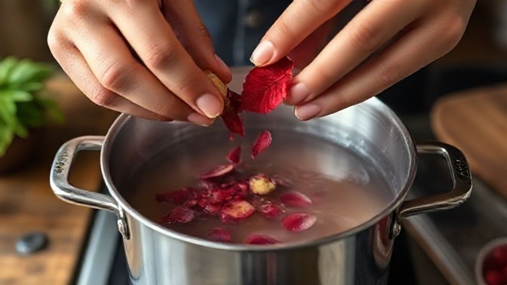 Mãos adicionando gengibre ralado e hibisco na panela durante o preparo do chá detox.