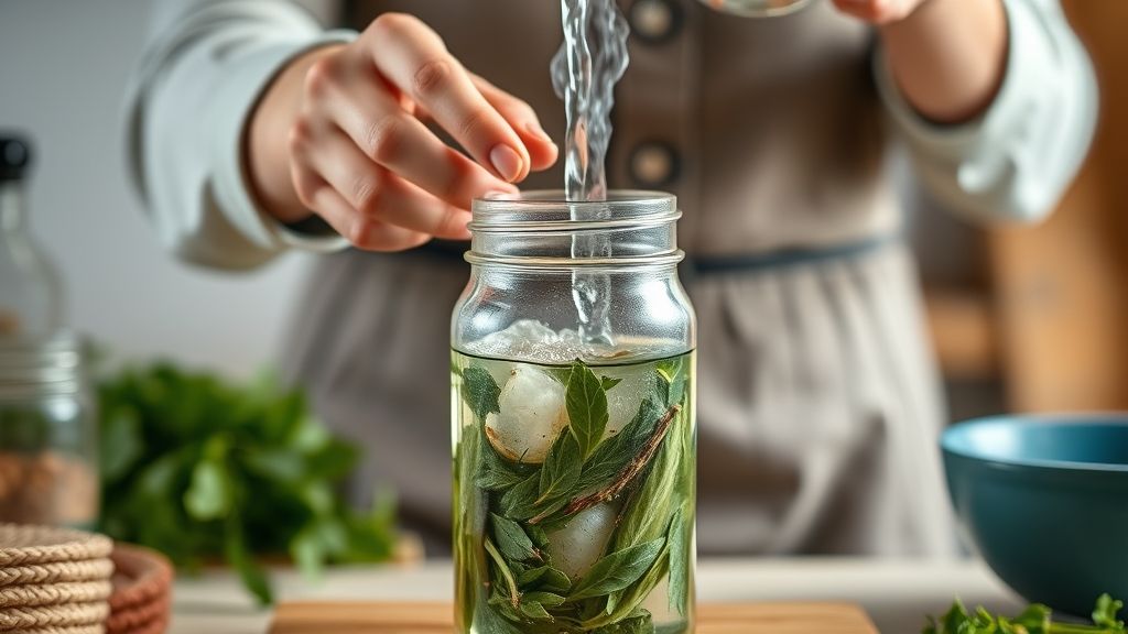 Mãos despejando água quente sobre as ervas em uma jarra de vidro