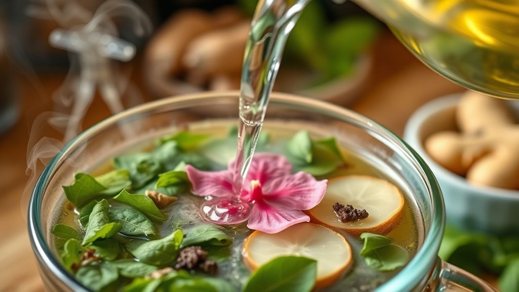 Mãos colocando gengibre e chá verde em infusora com água quente