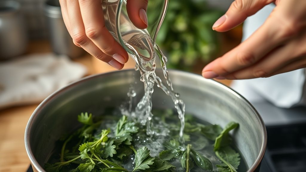 Mãos despejando água quente sobre as ervas em uma xícara de chá