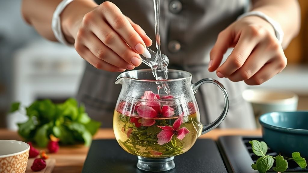 Mãos despejando água quente sobre hibisco e chá-verde em uma chaleira de vidro durante o preparo.