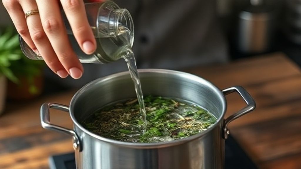 Mãos despejando água quente sobre as ervas em uma chaleira de vidro durante o preparo do chá
