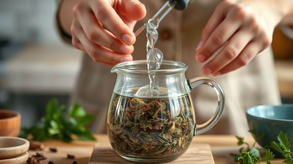 Mãos despejando água quente sobre ervas secas em bule de vidro.