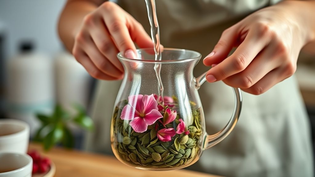 Pessoa despejando água quente sobre ervas em bule de vidro, capturando o momento da infusão