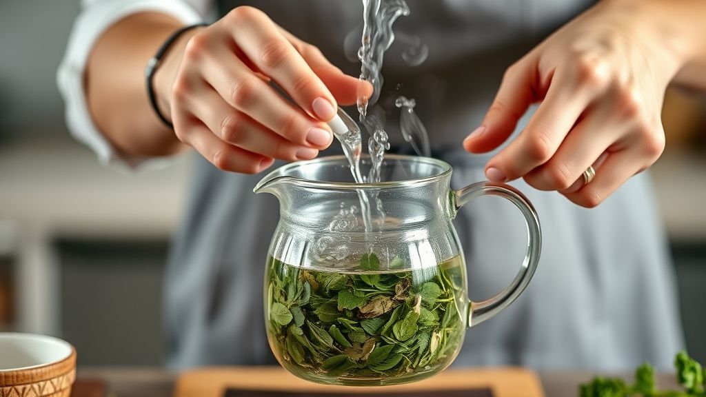 Mãos despejando água quente sobre ervas em um bule de vidro durante o preparo