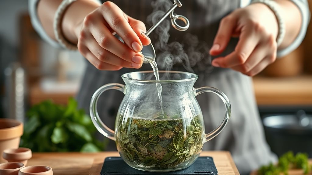 Mãos adicionando ervas e água quente em um bule de vidro durante a infusão.