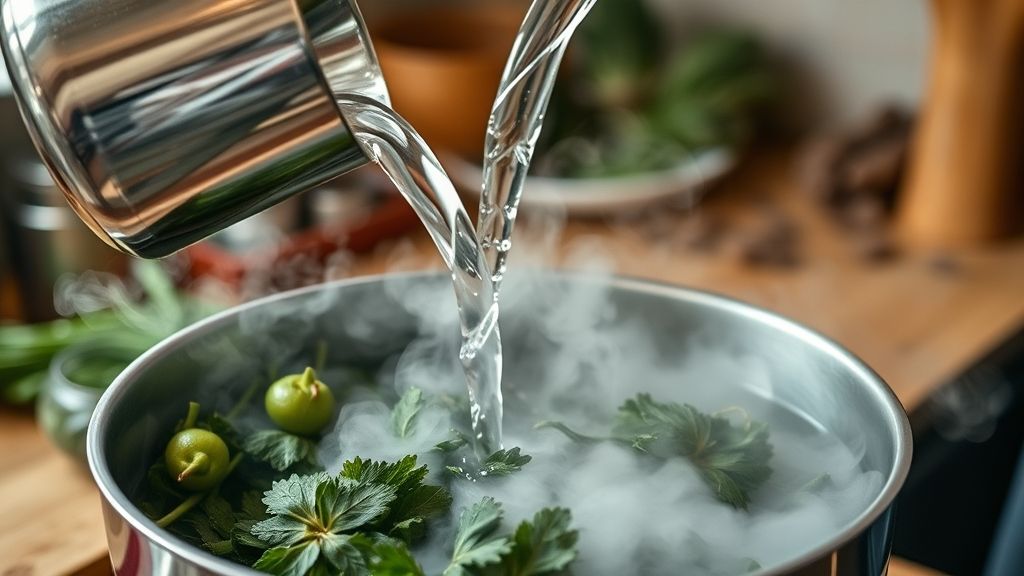 Mãos despejando água quente sobre ervas frescas e secas em uma xícara de vidro, capturando o vapor.