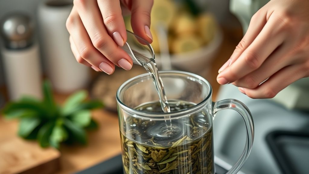 Mãos adicionando folhas de chá em infusor enquanto a água é aquecida para a infusão
