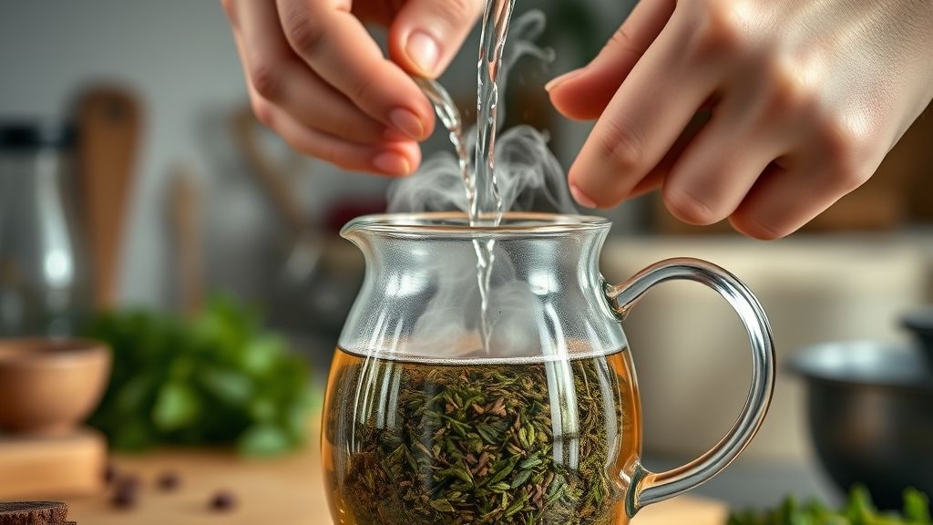 Mãos despejando água quente sobre as ervas em uma xícara de chá