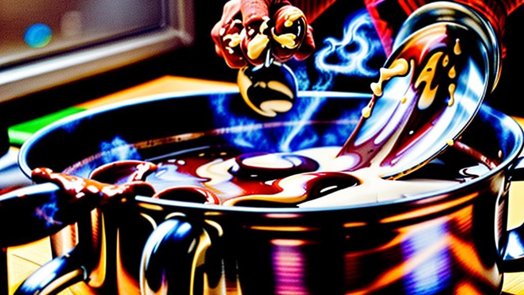 Mãos mexendo o chocolate quente cremoso em uma panela durante o preparo.