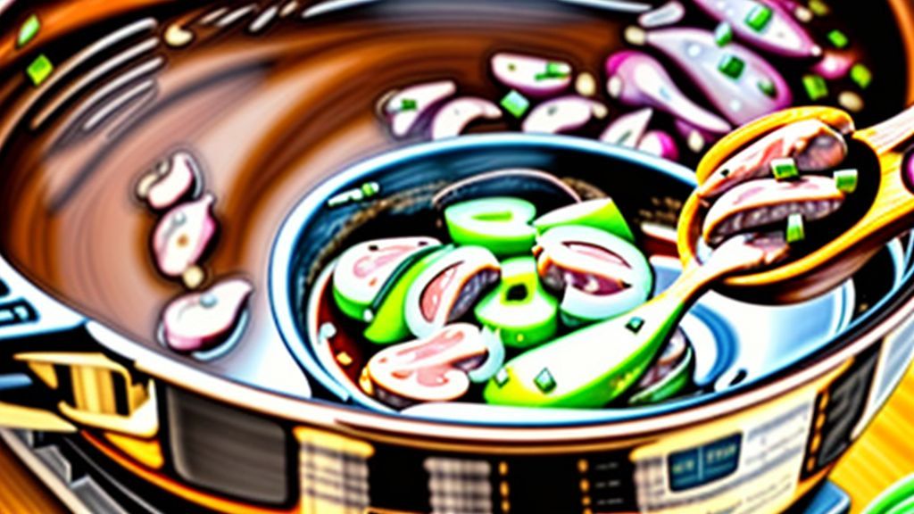 Mãos refogando cebola e alho em panela de pressão, passo inicial do preparo da receita.