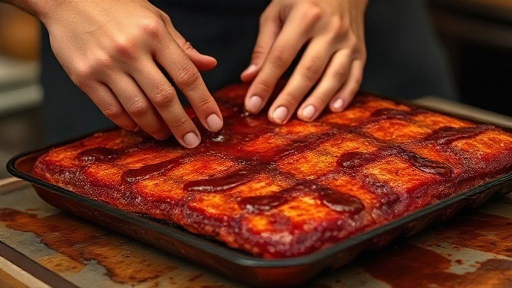 Mãos espalhando marinada de temperos sobre a costelinha suína.