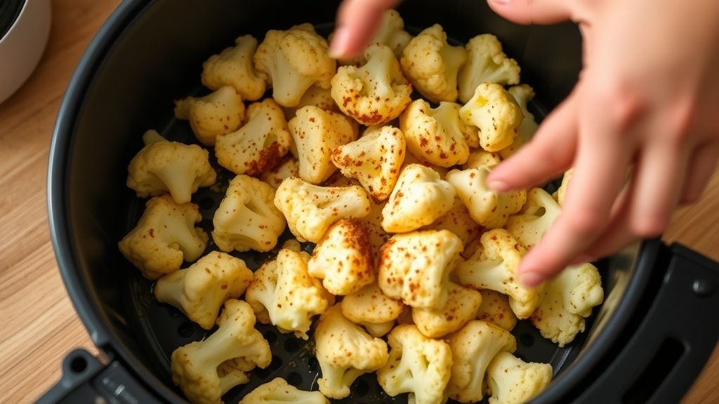 Mãos temperando floretes de couve-flor em tigela antes de levá-los à airfryer