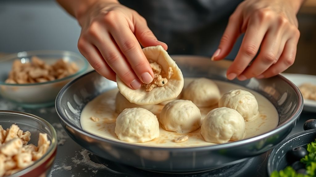 Mãos moldando a massa e recheando com frango e catupiry
