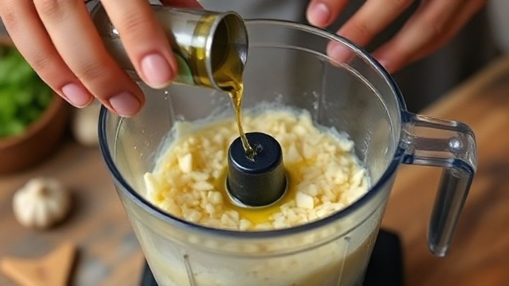 Mãos derramando óleo em fio em liquidificador com alho enquanto é batido.