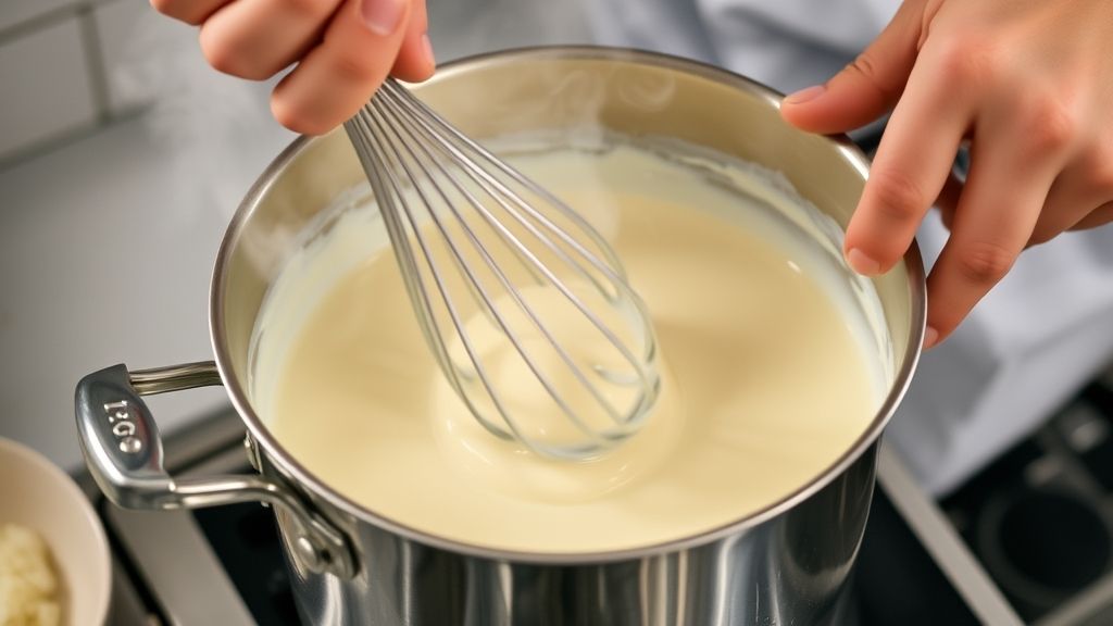 Mãos mexendo a mistura cremosa em panela ao fogo, etapa crucial para atingir a consistência certa.