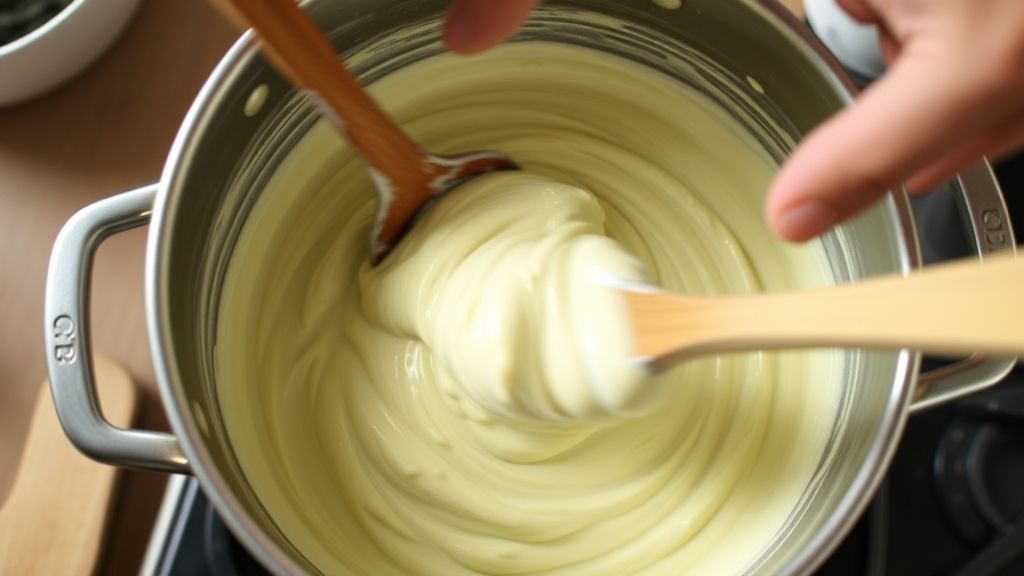 Mãos mexendo o creme de pistache em panela durante o cozimento.