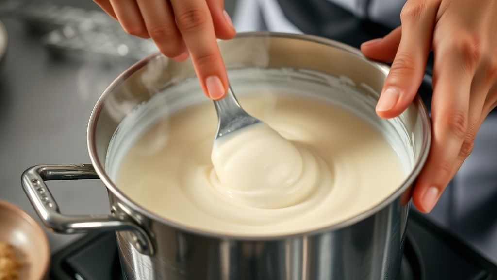 Mãos mexendo um creme branco em panela, passo essencial da receita
