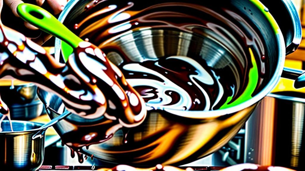 Mãos em ação preparando o creme de chocolate em panela.