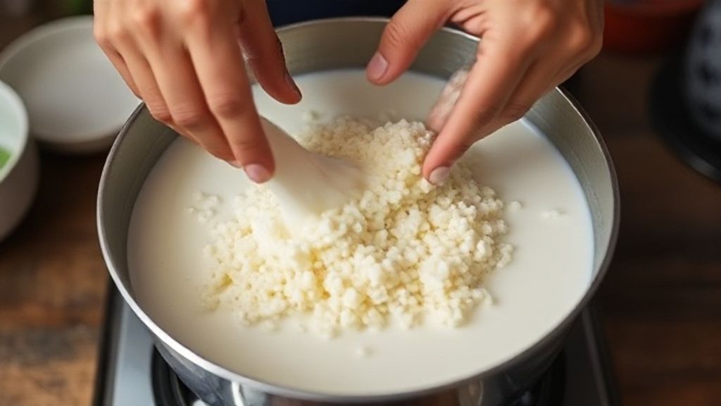 Mãos misturando a tapioca com líquidos na travessa, mostrando a etapa de hidratação.