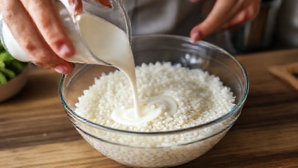 Mãos despejando leite de coco sobre a mistura de tapioca em tigela de vidro.