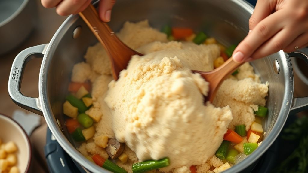 Mãos mexendo a massa do cuscuz paulista em uma panela, durante a incorporação da farinha.
