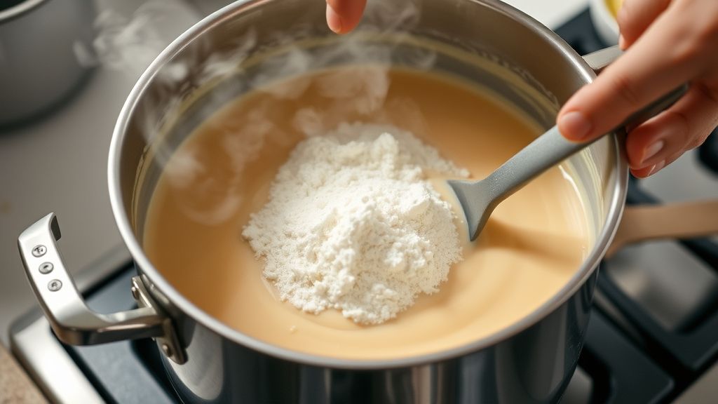 Mãos mexendo a mistura cremosa na panela durante o preparo da receita